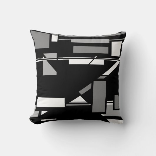黒い幾何学模様の上の白い灰色のボックス抽象芸術 クッション (正面)