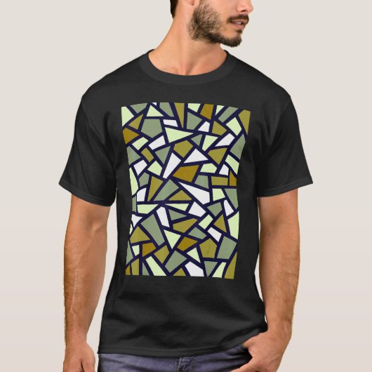黒い幾何学的抽象芸術パターン迷彩緑 Tシャツ (正面)
