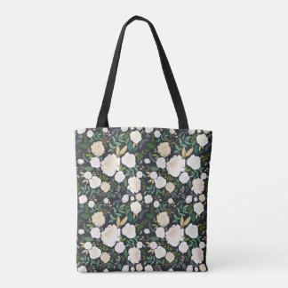 黒い庭の真夜中の花柄の白 トートバッグ