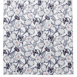 黒い庭の花柄 シャワーカーテン