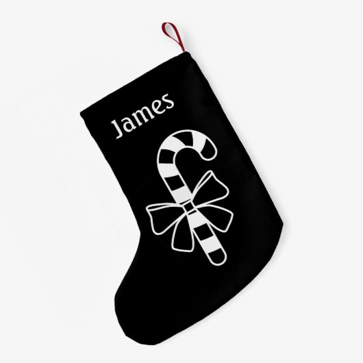 黒い弓を付けた白いミニマリストのキャンディーケーン スモールクリスマスストッキング (裏面 (吊り時))