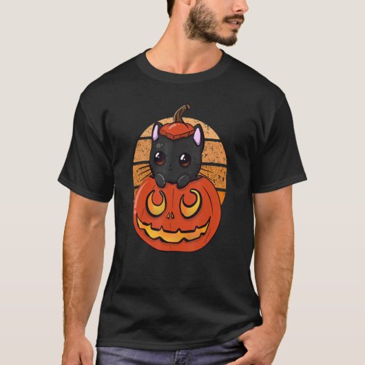 黒い怖い猫のかぼちゃ ジャック・オ・ランタン ハロウィンC Tシャツ (正面)