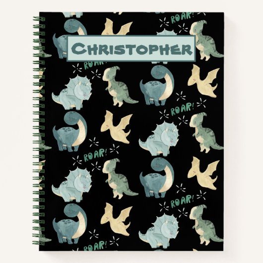 黒い恐竜の模様のかわいい水彩 ノートブック (正面)