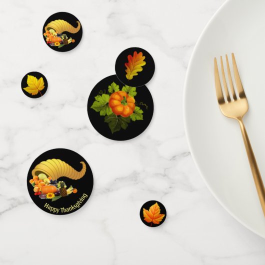 黒い感謝祭のテーブルの上の落ち葉の紙吹雪 コンフェッティ (グループ)