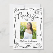 黒い手描きの落書き 写真 卒業 白 サンキューカード (正面)