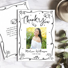 黒い手描きの落書き 写真 卒業 白 サンキューカード