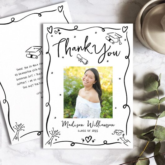 黒い手描きの落書き 写真 卒業 白 サンキューカード