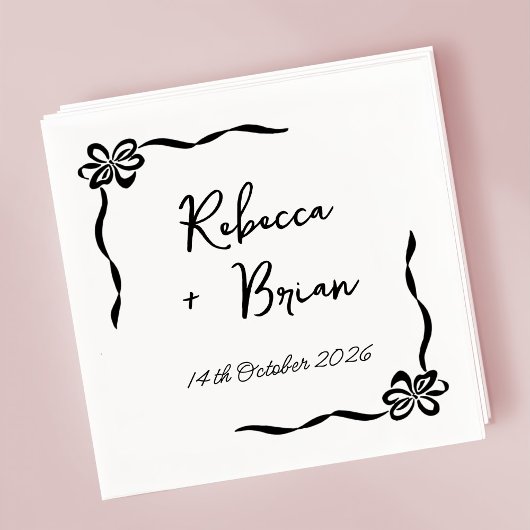 黒い手描きリボンのスケッチ結婚の スタンダードカクテルナプキン