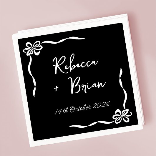 黒い手描きリボンのスケッチ結婚の スタンダードカクテルナプキン