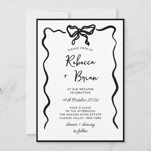黒い手描きリボンのスケッチ結婚の 招待状 (正面)