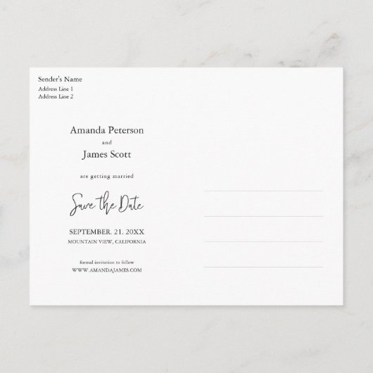 黒い手書きシンプルの写真日付の保存 案内ポストカード (裏面)