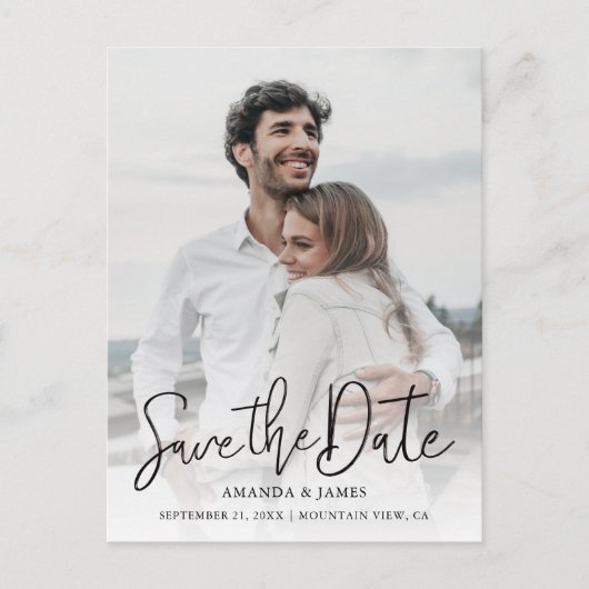 黒い手書きシンプルの写真日付の保存 案内ポストカード (正面)