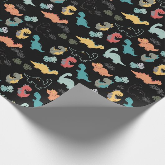 黒い数々の背景に色の恐竜 ラッピングペーパー (角)