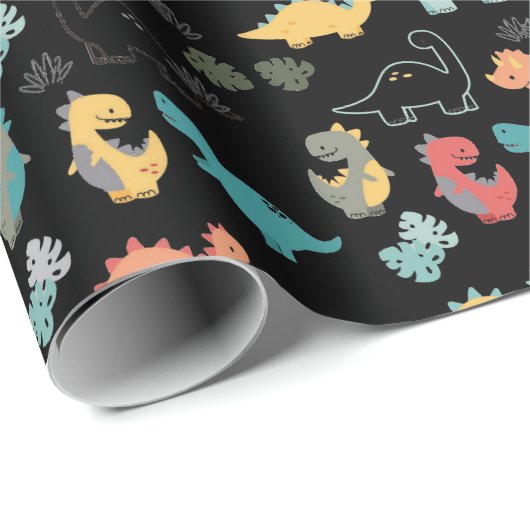 黒い数々の背景に色の恐竜 ラッピングペーパー (ロールコーナー)