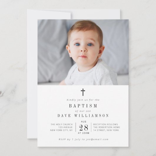 黒い文字の写真の洗礼の招待 招待状 (正面)