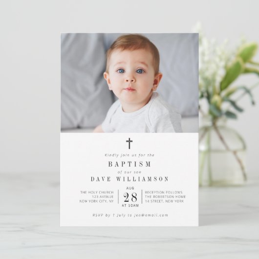 黒い文字の写真の洗礼の招待 招待状 (スタンド正面)