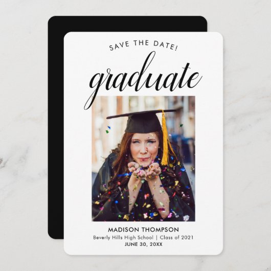 黒い日付を保存する書道卒業写真 案内状 (正面/裏面)