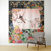 黒い日本のタペストリーに花をつける鳥 タペストリー (インサイチュ)