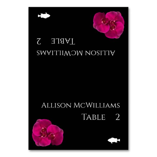 黒い明るい赤紫色と白モダン魚アイコン – テーブルナンバー (正面)