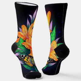 黒い星空の背景にオレンジ色の花 ソックス