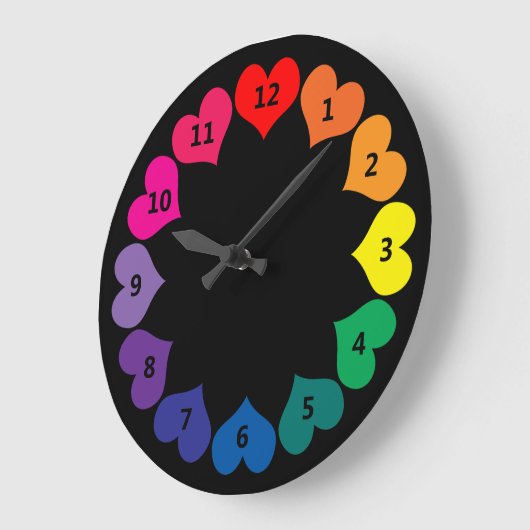 黒い時計の虹の色のハートと数字 ラージ壁時計 (傾斜)