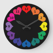 黒い時計の虹の色のハートと数字 ラージ壁時計 (正面)