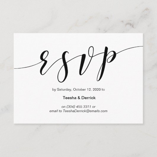 黒い書体モダン，結婚式のRSVP エンクロージャーカード (正面)
