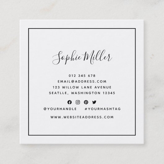 黒い書縁ど跡のスクリプト・ソーシャル・メディア スクエア名刺 (正面)