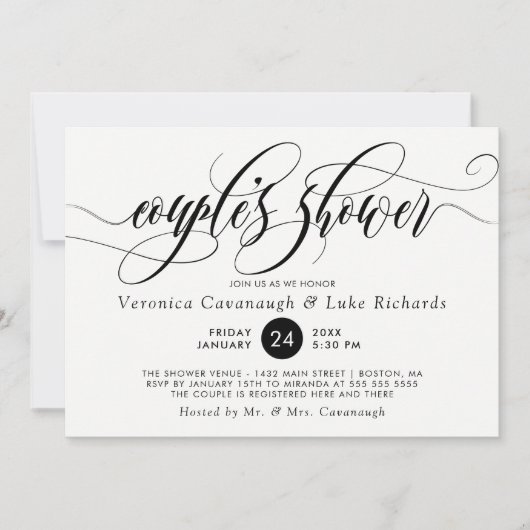 黒い書道が渦を巻く夫婦のシャワー 招待状 (正面)