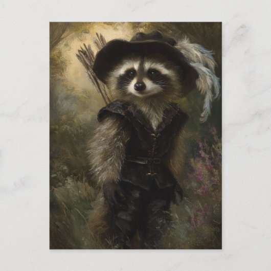 黒い服を着たアライグマのアーチェリー専門家 ポストカード (正面)