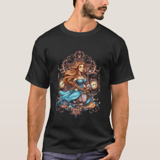 黒い服を着た男性の上の青いドレスのスチームパンクマーメイド Tシャツ