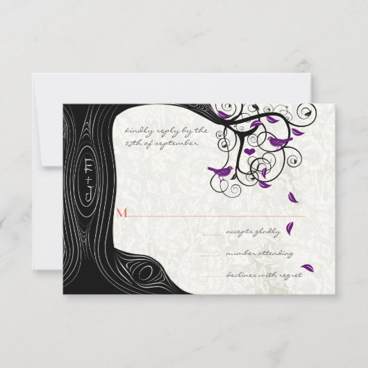 黒い木と紫の鳥の結婚式の招待状 出欠カード (正面)