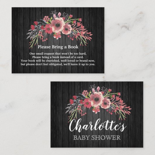 黒い木素朴材フローラ赤ちゃんシャワーブックリクエスト エンクロージャーカード (正面/裏面)