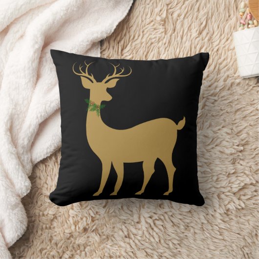 黒い枕のエレガントなクリスマスのトナカイwのヒイラギの金ゴールド クッション (ブランケット)