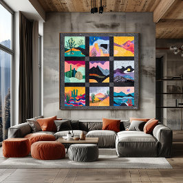 黒い枠の砂漠アートグリッド – ジオメト鮮やかリ ポスター