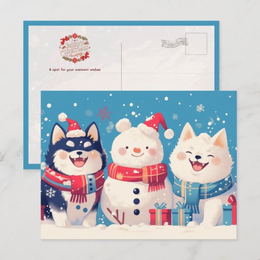 黒い柴犬とサモエドの犬と雪だるま ポストカード (正面/裏面)