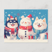 黒い柴犬とサモエドの犬と雪だるま ポストカード (正面)