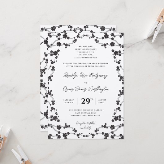 黒い桜の花 スタイリッシュなアジアのウェディング 招待状 (正面/裏面インサイチュ)