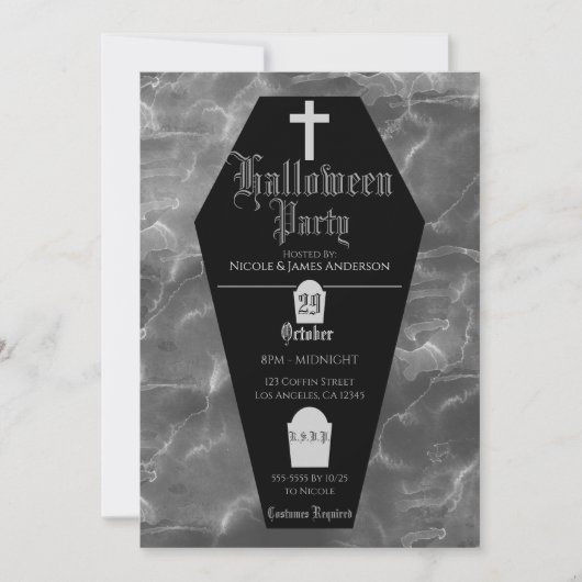 黒い棺桶の墓石 ゴシックハロウィンパーティー 招待状 (正面)