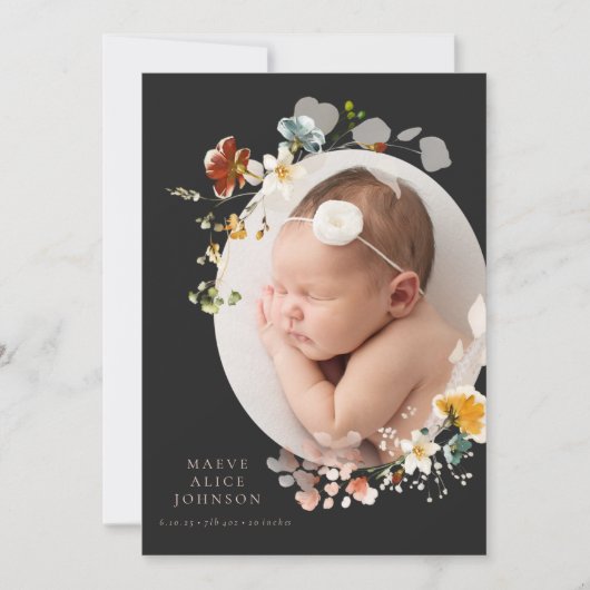 黒い植物学ヴィンテージ写真誕生のお知らせ 招待状 (正面)