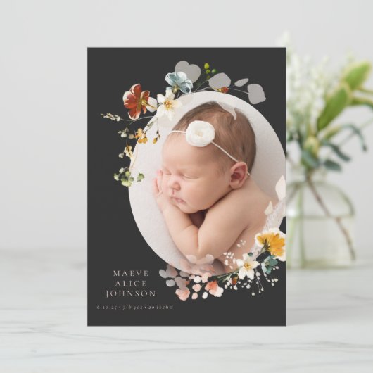 黒い植物学ヴィンテージ写真誕生のお知らせ 招待状 (スタンド正面)