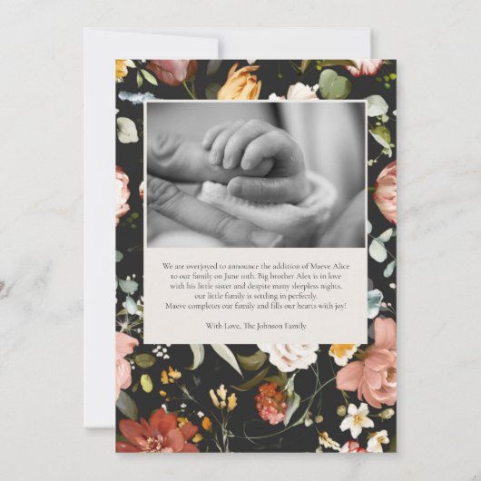 黒い植物学ヴィンテージ写真誕生のお知らせ 招待状 (裏面)