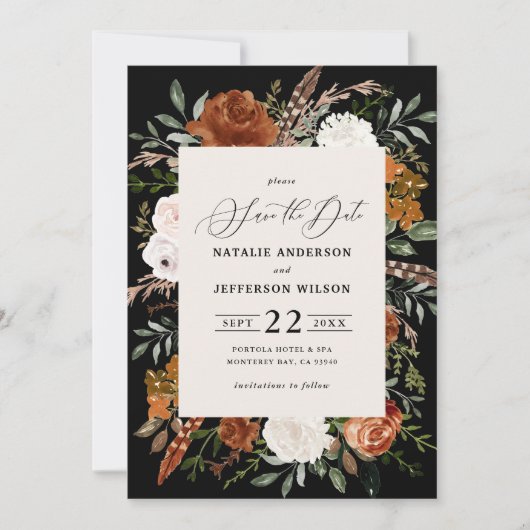 黒い植物性の素朴な写真の結婚式は日付を保存 セーブザデート (正面)