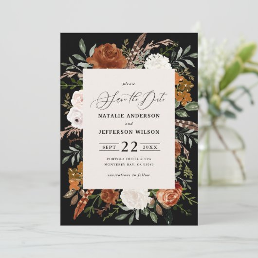 黒い植物性の素朴な写真の結婚式は日付を保存 セーブザデート (スタンド正面)