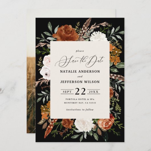 黒い植物性の素朴な写真の結婚式は日付を保存 セーブザデート (正面/裏面)