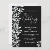 黒い植物性の葉の結婚文字 招待状 (正面)