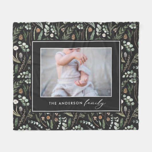 黒い植物性エレガントモダン家族写真 フリースブランケット (正面(横))