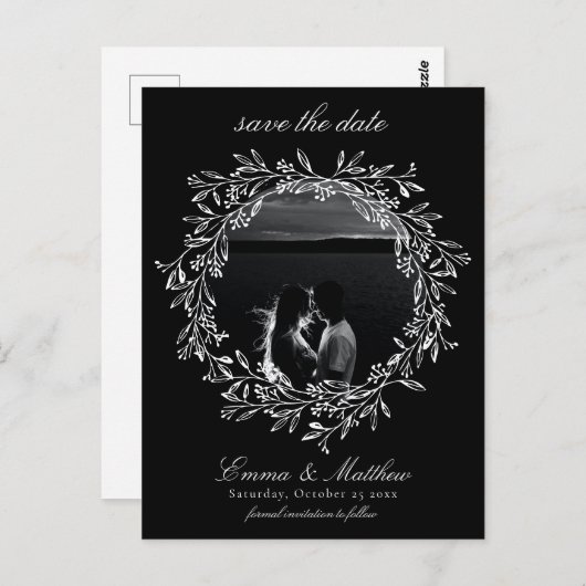 黒い植物性ゴシックリース日付写真を保存 ポストカード (正面/裏面)