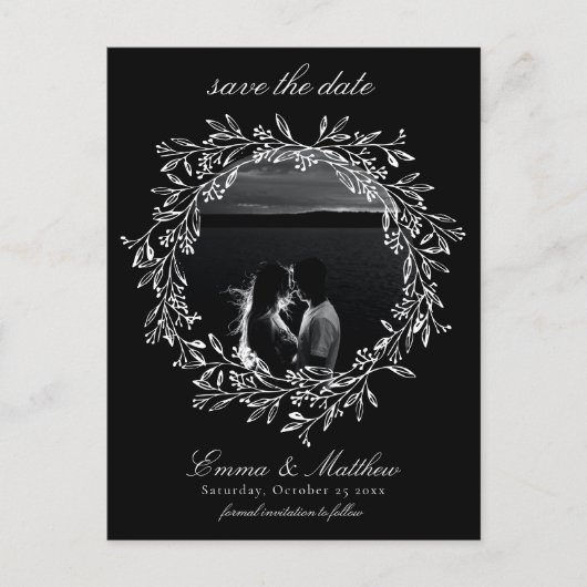 黒い植物性ゴシックリース日付写真を保存 ポストカード (正面)