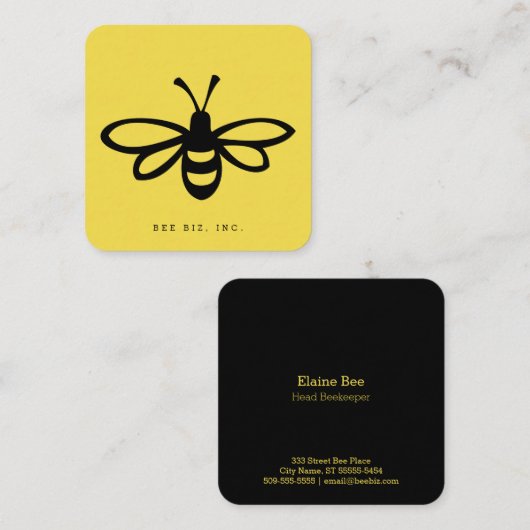 黒い様式のミツバチイラストレーションオンイエロー スクエア名刺 (正面/裏面)